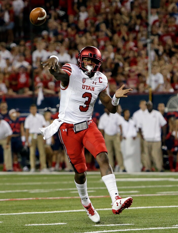 Utah quarterback Troy Williams (3) in the first half during an NCAA college football game against Arizona, Friday, Sept. 22, 2017, in Tucson, Ariz. (AP Photo/Rick Scuteri)