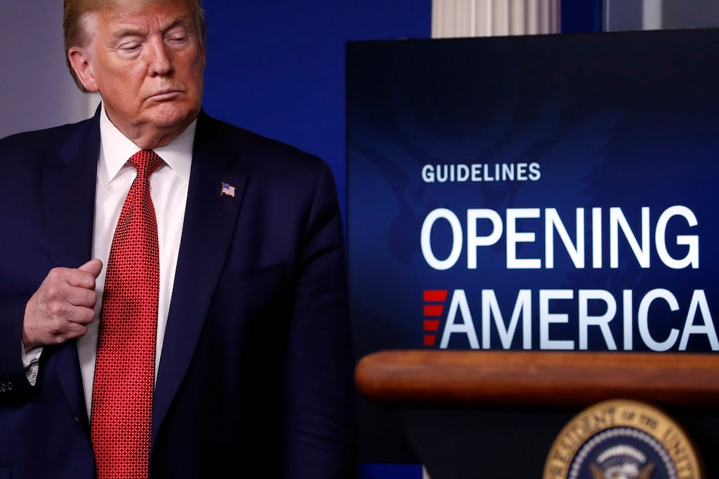 FILE - In this April 16, 2020, file photo President Donald Trump listens during a briefing about the coronavirus in the James Brady Press Briefing Room of the White House in Washington. (AP Photo/Alex Brandon, File)