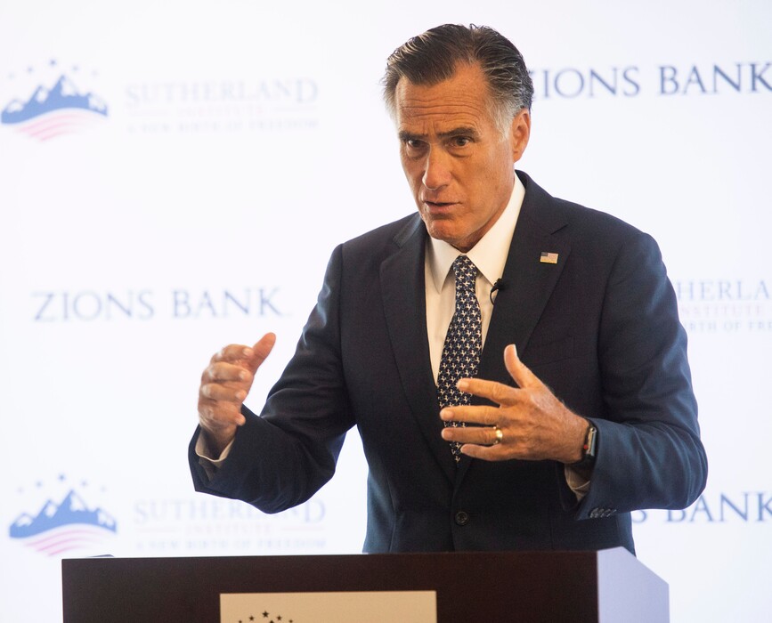 (Rick Egan  |  Tribune file photo) Mitt Romney speaks at the Sutherland Institute on Monday, Aug. 19, 2019.