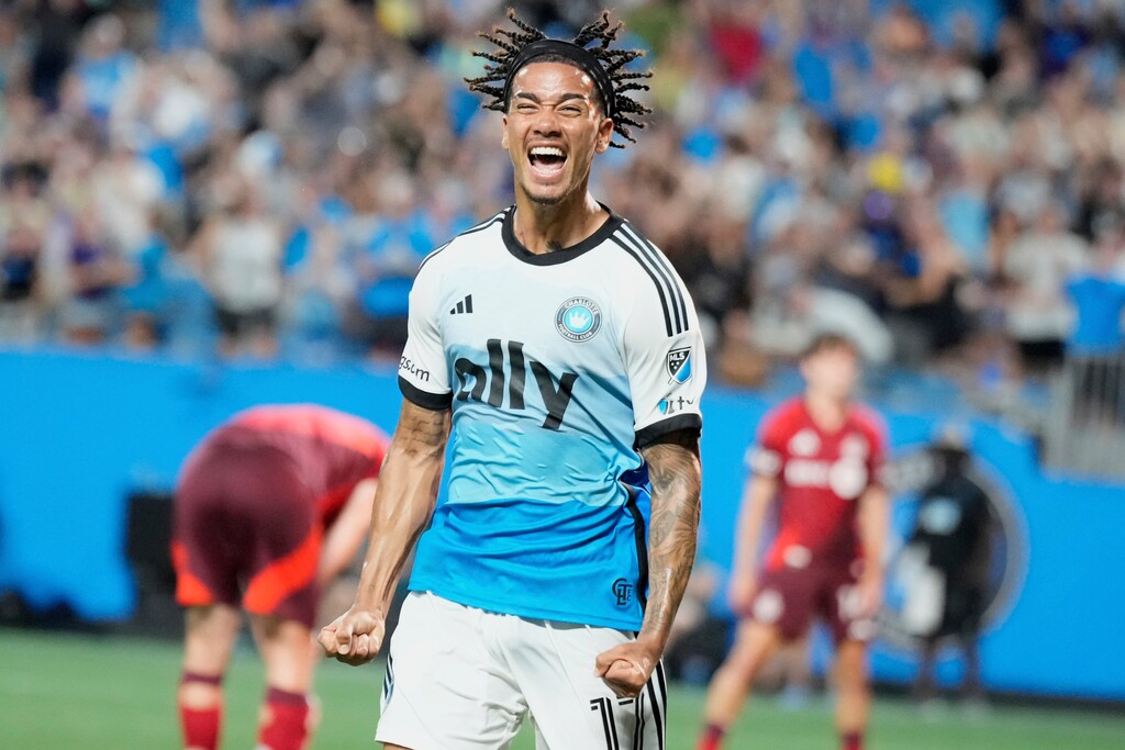 Charlotte FC forward Idan Toklomati, shown celebrating a goal against Toronto FC on July 26, scored on a header against Real Salt Lake on Saturday to lift Charlotte to a 1-0 victory. (AP Photo/Chris Carlson)