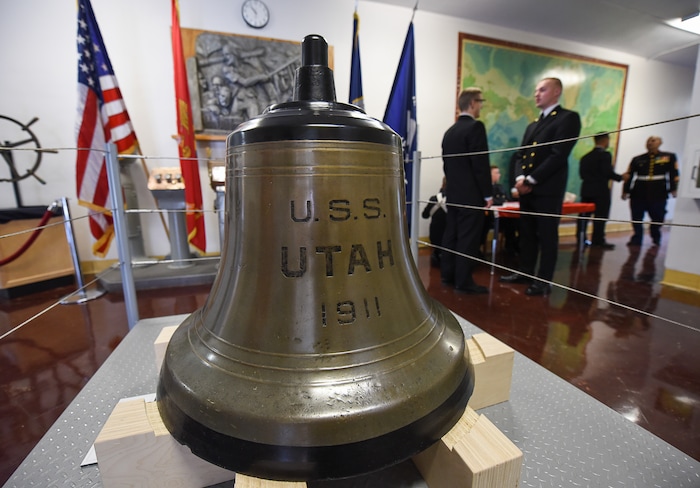(Francisco Kjolseth  |  The Salt Lake Tribune)  On Dec. 7, the bell from the USS Utah, one of the first ships lost during the attack on Pearl Harbor back in 1941, returns home, placed on public display in the Naval Science building at the University of Utah.