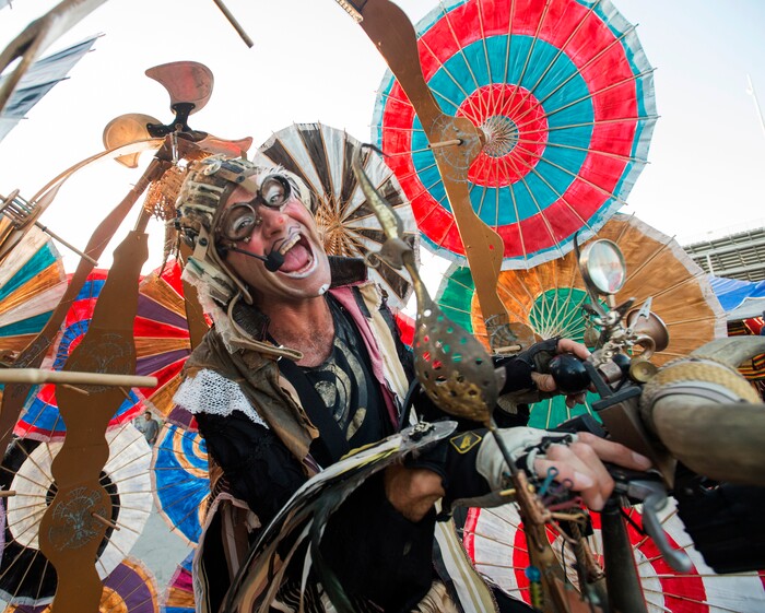 (Rick Egan  |  The Salt Lake Tribune)   Dango of "Mango and Dango" duo, perform for the crowd at  the Utah State Fair,  Monday, September 11, 2017.


