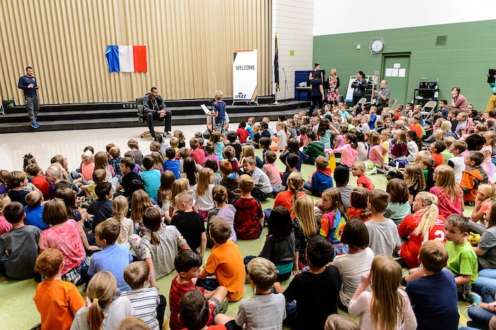 (Trent Nelson | The Salt Lake Tribune)  Utah Jazz center Rudy Gobert answers questions from young students at Foxboro Elementary, a French immersion school, in North Salt Lake, Wednesday September 20, 2017.