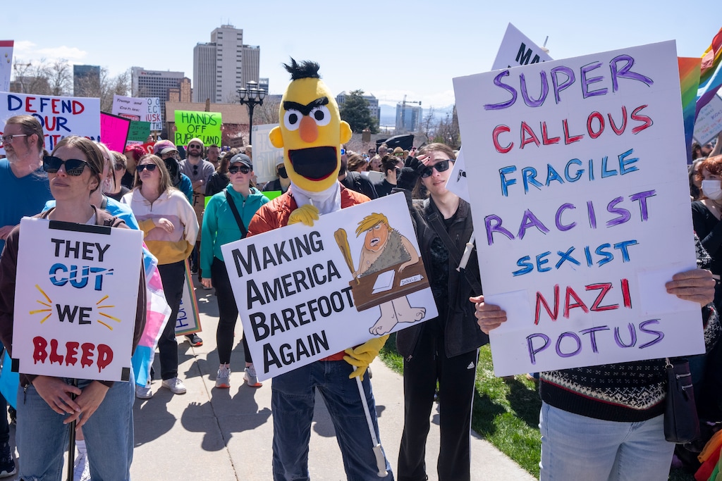 (Rick Egan | The Salt Lake Tribune)  Protesters gather at the Capitol for  a protest against the Trump administration in Salt Lake City on Saturday, April 5, 2025.