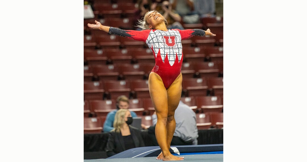 (Rick Egan | The Salt Lake Tribune) Sydney Soloski competes on the floor for Utah in the PAC-12 Gymnastics Championship tournament at the Maverik Center, on Saturday, March 20, 2021.