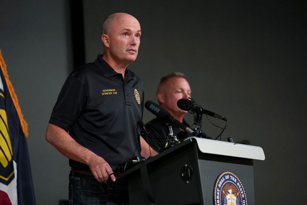 (Bethany Baker | The Salt Lake Tribune) Gov. Spencer Cox speaks during a news conference following the shooting death of conservative commentator Charlie Kirk at Utah Valley University in Orem on Wednesday, Sept. 10, 2025.