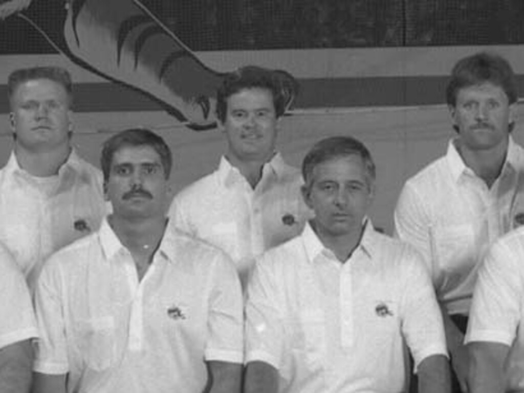 (Photo courtesy of Idaho State University) Idaho State's 1990 football coaching staff, including Andy Ludwig (front row, left) and Kyle Whittingham, back row, right).