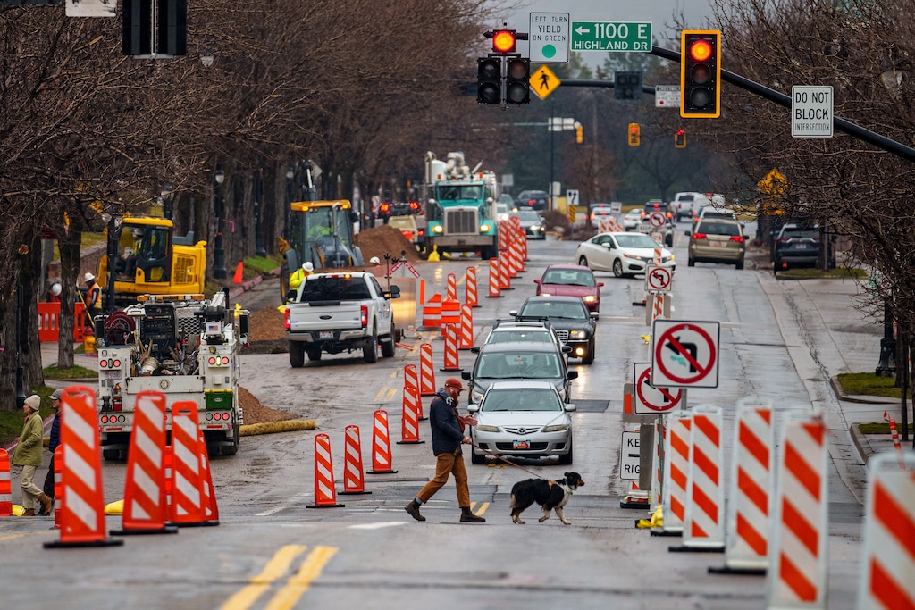 (Trent Nelson  |  The Salt Lake Tribune) Road construction on 2100 South in Salt Lake City on Thursday, March 7, 2024.