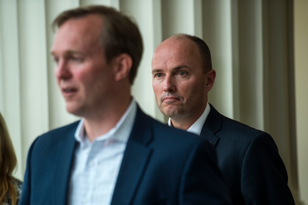 (Chris Detrick  |  The Salt Lake Tribune)  ​Lt.​ ​Gov.​ ​Spencer​ ​Cox listens as Salt Lake County ​Mayor​ ​Ben​ ​McAdams speaks during a press conference at Matheson Courthouse Wednesday, September 13, 2017. 