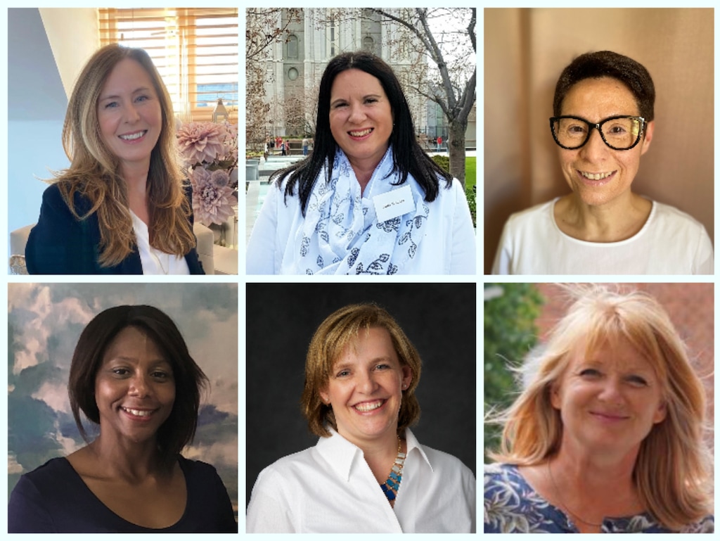 (Photos courtesy of The Church of Jesus Christ of Latter-day Saints)
These six women are the first to be appointed as international area organization advisers for Europe. They are (clockwise from top left) Traci De Marco from the United Kingdom; Julia Wondra from Austria; Ghislaine Simonet from France; Letícia dos Santos Rudloff from Spain; Sibylle Fingerle from Germany; and Ann-Mari Lindberg from Denmark.