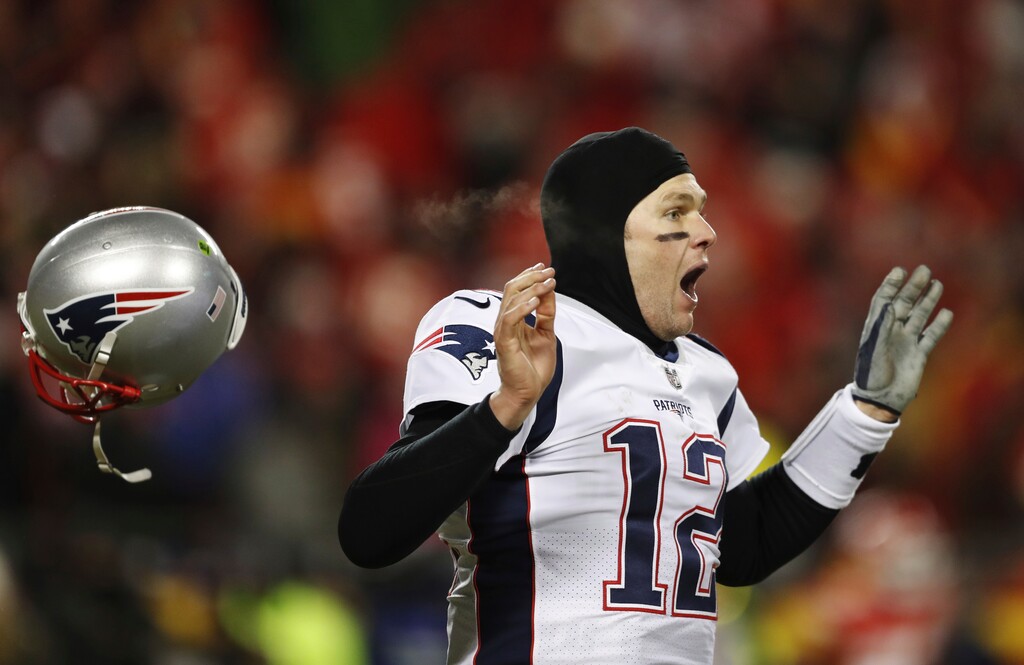 New England Patriots quarterback Tom Brady celebrates after defeating the Kansas City Chiefs in the AFC Championship NFL football game, Sunday, Jan. 20, 2019, in Kansas City, Mo. (AP Photo/Jeff Roberson)
