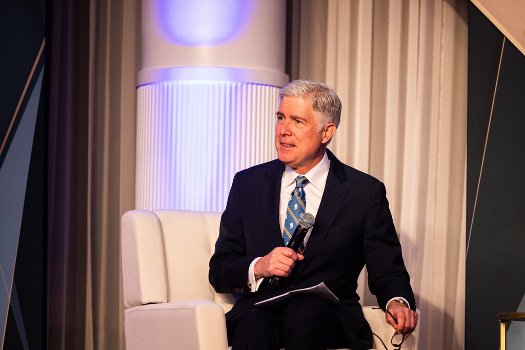 (Tierney L. Cross |The New York Times) Supreme Court Justice Neil Gorsuch at an annual gala dinner held by the Federalist Society at the Washington Hilton on Thursday, Nov. 14, 2024. Gorsuch has recused himself from a case that is set to be argued in days after ethics watchdogs and Democratic lawmakers urged him to step aside because the outcome will likely affect the financial interests of a billionaire to whom he has longstanding ties.