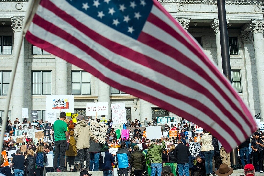 (Chris Detrick  |  The Salt Lake Tribune) Supporters of the Bears Ears and Grand Staircase-Escalante National Monuments rally at the Utah State Capitol Wednesday, February 24, 2016.  