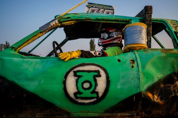 (Trent Nelson  |  The Salt Lake Tribune) Andrew Anderson at Punishment at the Peak, a demolition derby in Grantsville on Saturday, Aug. 7, 2021.