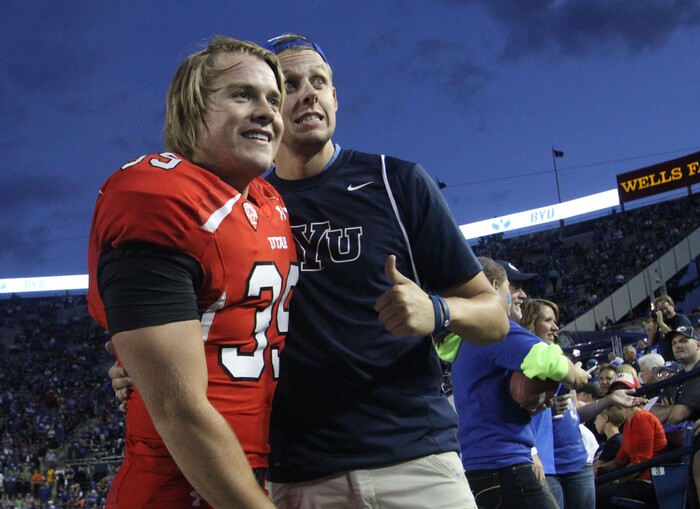 (Rick Egan  | Tribune File Photo)  Utah Utes kicker Andy Phillips (39) poses with his missionary buddy, Kyle Carlson, Ogden, BYU faced The University of Utah game, at Lavell Edwards Stadium, Saturday, September 21, 2013. Phillips and Carlson served in Norway together.