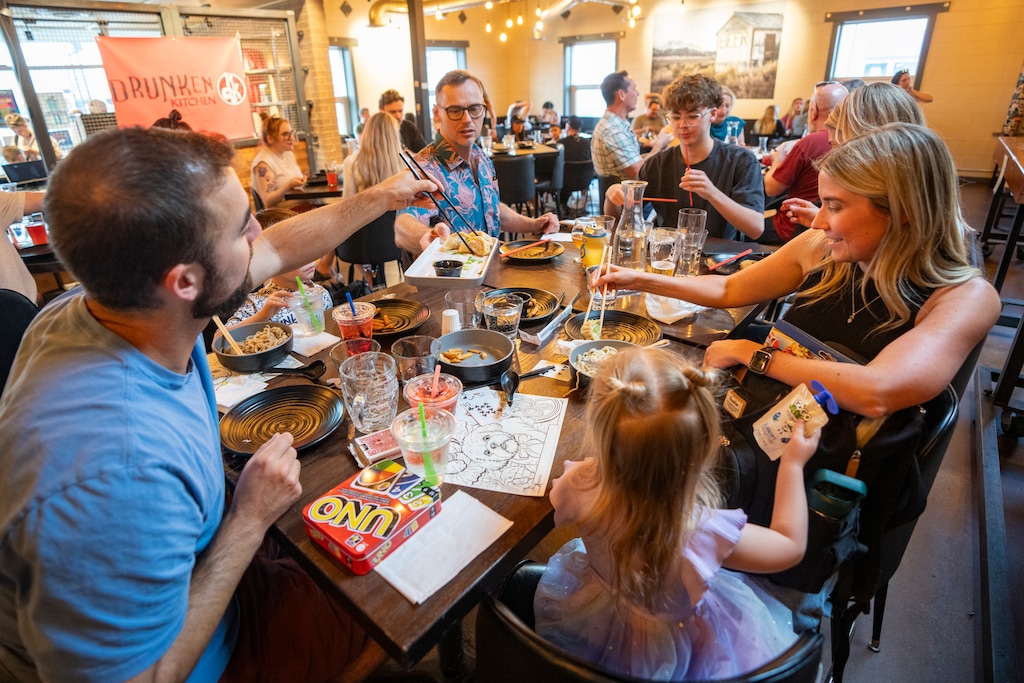 (Rick Egan | The Salt Lake Tribune) Families dine at Drunken Kitchen, inside Grid City Beer Works, on Thursday, July 2, 2026.