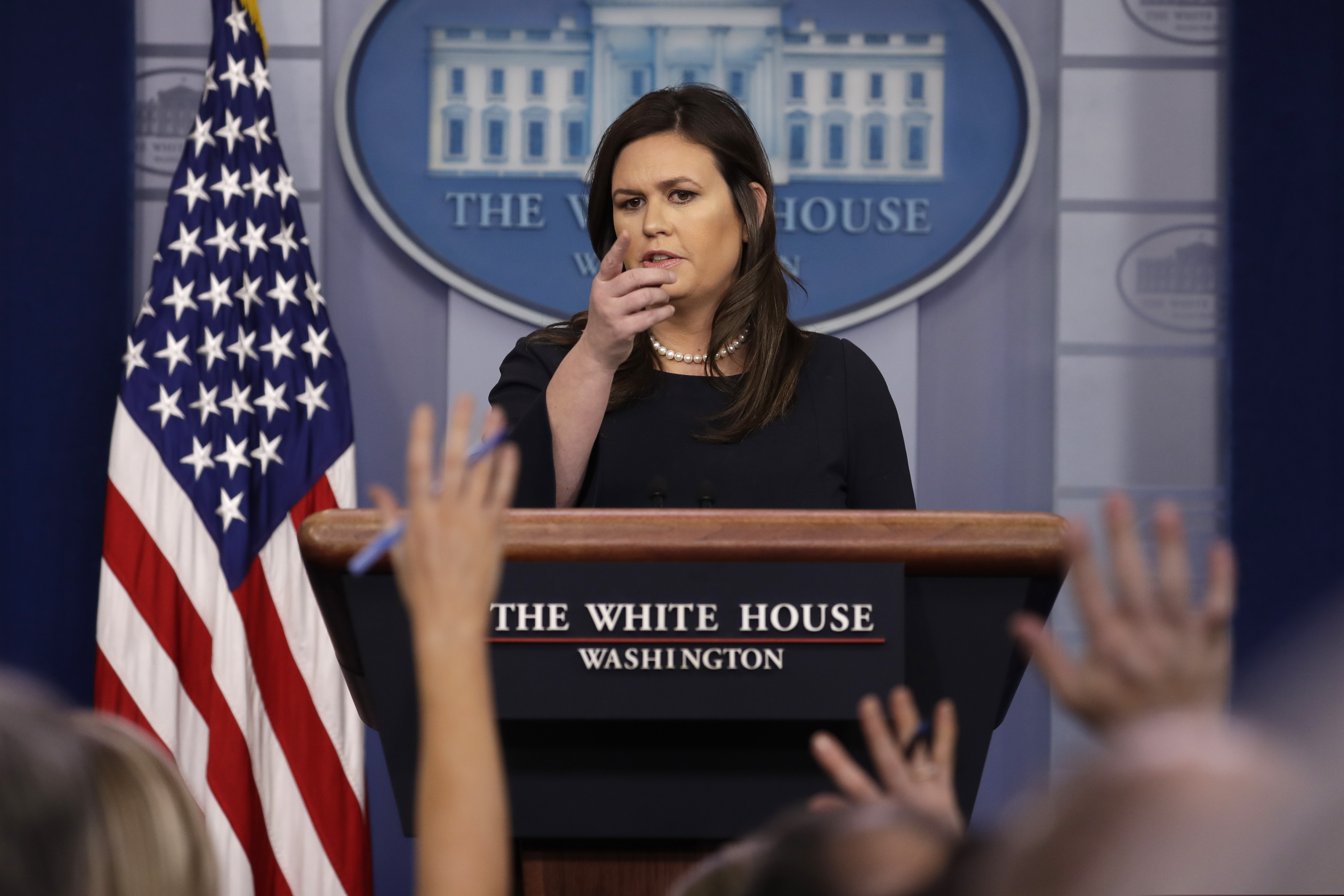 White House press secretary Sarah Sanders speaks during a press briefing at the White House, Monday, March 11, 2019, in Washington. (AP Photo/ Evan Vucci)