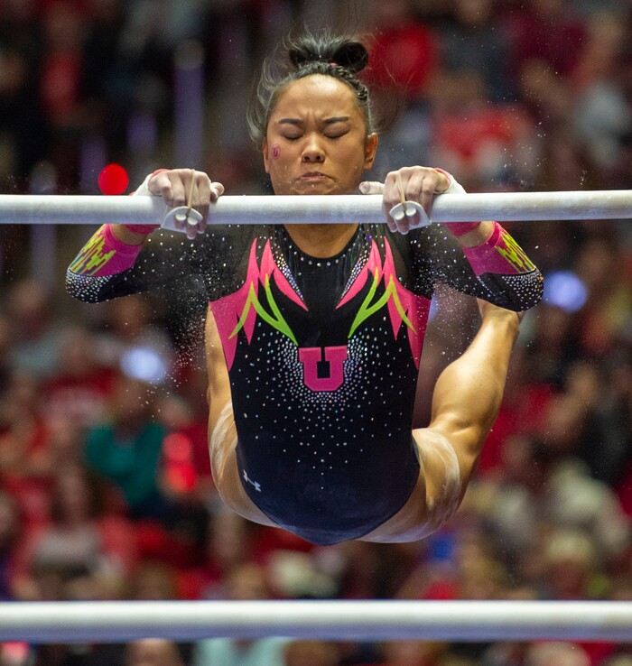 (Rick Egan  |  The Salt Lake Tribune)  Kim Tessen competes on the uneven bars, in PAC-12 Gymnastics action between the Utes and The California Golden Bears, in the Jon M. Huntsman Center, in Salt Lake City, Saturday, Feb. 9, 2019. 