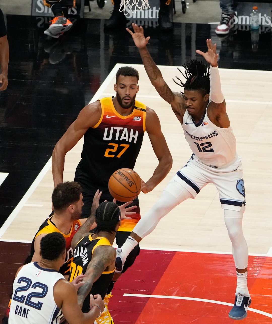 (Francisco Kjolseth | The Salt Lake Tribune) Utah Jazz forward Georges Niang (31) knocks the ball out of the hands of Memphis Grizzlies guard Ja Morant (12) the first half of Game 5 of an NBA basketball first-round playoff series Wednesday, June 2, 2021, in Salt Lake City, UT.