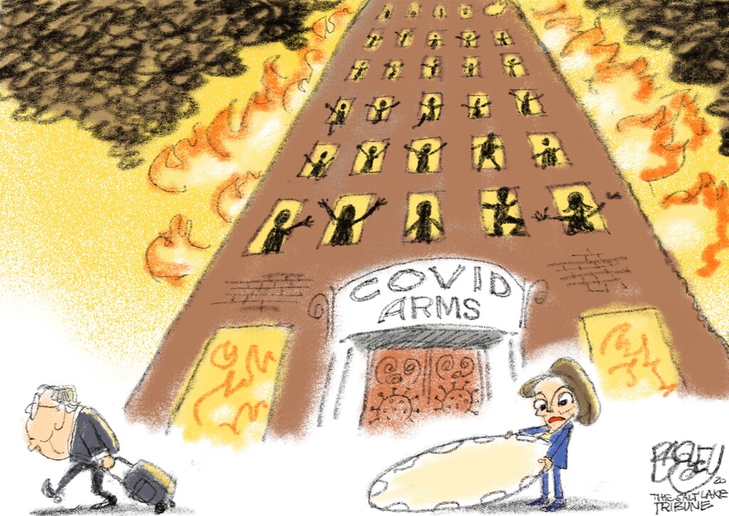 (Pat Bagley | The Salt Lake Tribune) This cartoon, titled "Fire Flighter," appears in The Salt Lake Tribune on Friday, Aug. 14, 2020.