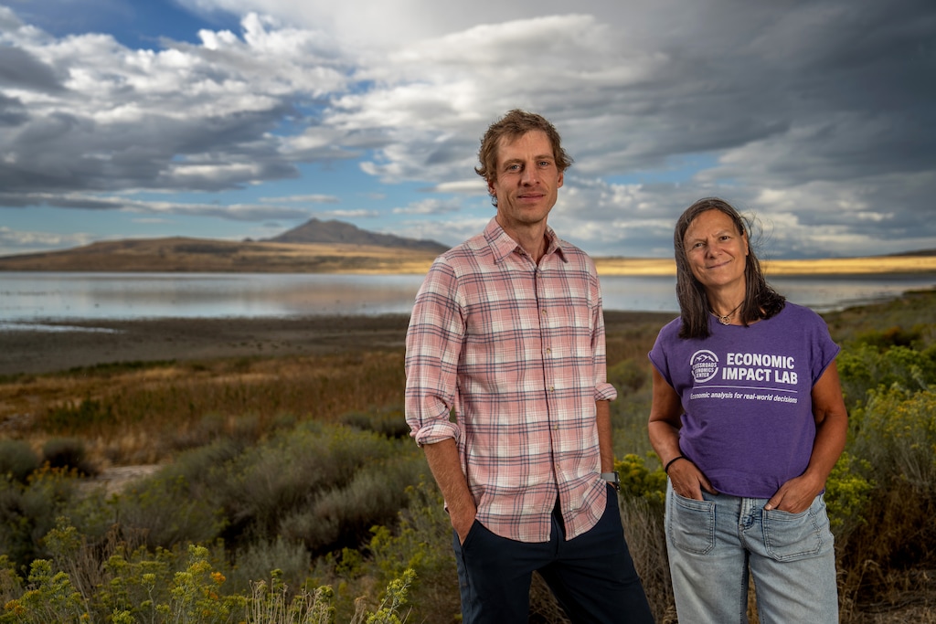 (Weber State University) Therese Cavlovic, right, and Matt Gnagey, professors in Weber State University’s Department of Economics, are seen at the Great Salt Lake on Sept. 17, 2026. They led research aimed at estimating the economic value of the Great Salt Lake.