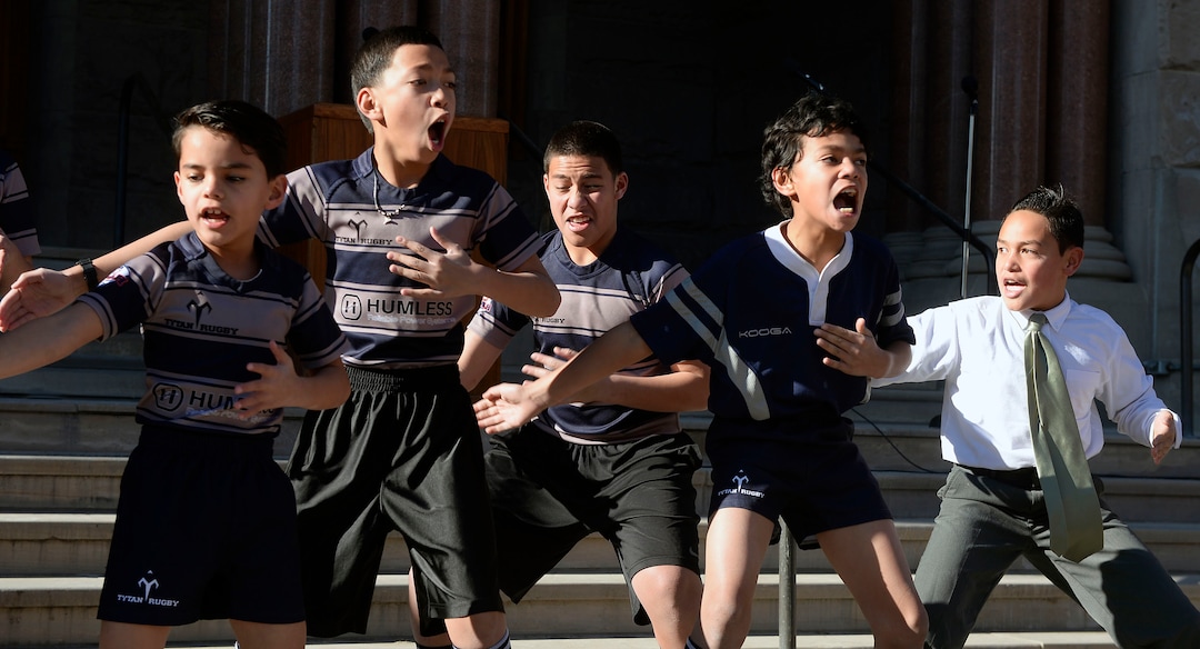 (Al Hartmann  |  The Salt Lake Tribune) 	Members of the Young Eagles Rugby team prform a Maori Haka dance at the City-County Building Tuesday Jan. 2 for oath of office ceremony for Salt Lake City Council. 