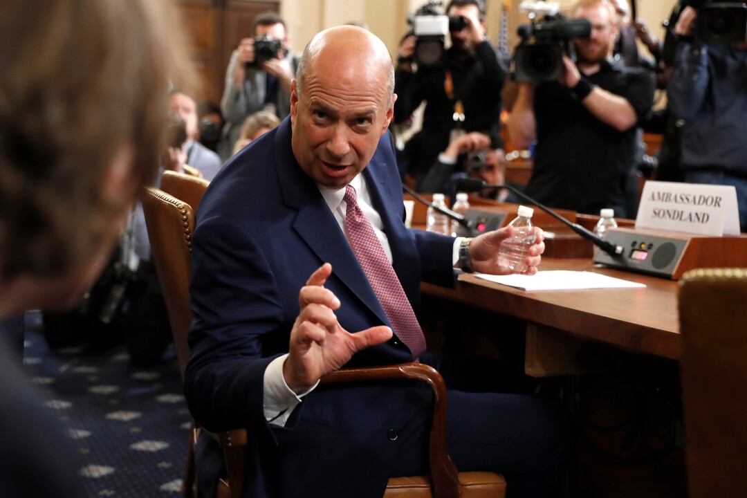 (Andrew Harnik  |  AP photo) U.S. Ambassador to the European Union Gordon Sondland talks to one of his attorney's as he testifies before the House Intelligence Committee on Capitol Hill in Washington, Wednesday, Nov. 20, 2019, during a public impeachment hearing of President Donald Trump's efforts to tie U.S. aid for Ukraine to investigations of his political opponents. 