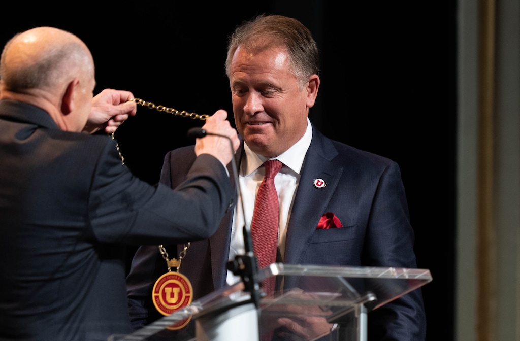 (Francisco Kjolseth | The Salt Lake Tribune) Harris Simmons, Chair Utah Board of Higher Education, presents the University of Utah presidential medallion to U. President Taylor Randall during his inauguration as the University of Utah's 17th president at Kingsbury Hall on Wednesday, March 23, 2022.