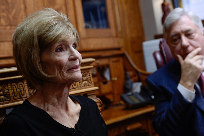 (Francisco Kjolseth  |  The Salt Lake Tribune)  Connie Elison, mother of Thomas Stanfield who was shot and killed by a Citadel security guard last week, speaks with the press at the office of attorney, Robert Sykes, in Salt Lake City on Tuesday, June 26, 2018, after filing a civil rights and wrongful death law suit.