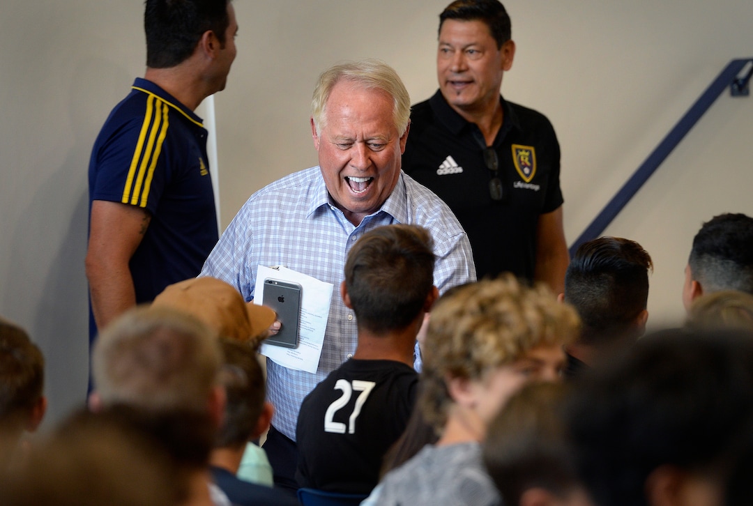 (Scott Sommerdorf   |  The Salt Lake Tribune)   RSL owner Dell Loy Hansen chatted with students prior to addressing the students in the new Academy's opening week., Thursday, August 23, 2017. 