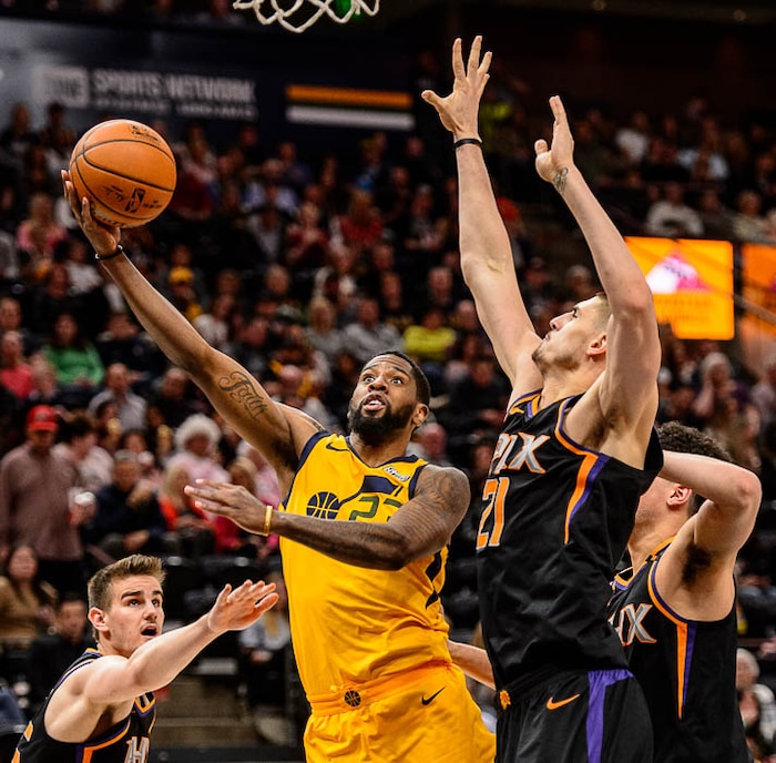(Trent Nelson | The Salt Lake Tribune)  Utah Jazz forward Royce O'Neale (23) shoots as the Utah Jazz host the Phoenix Suns, NBA basketball in Salt Lake City, Wednesday Feb. 14, 2018.