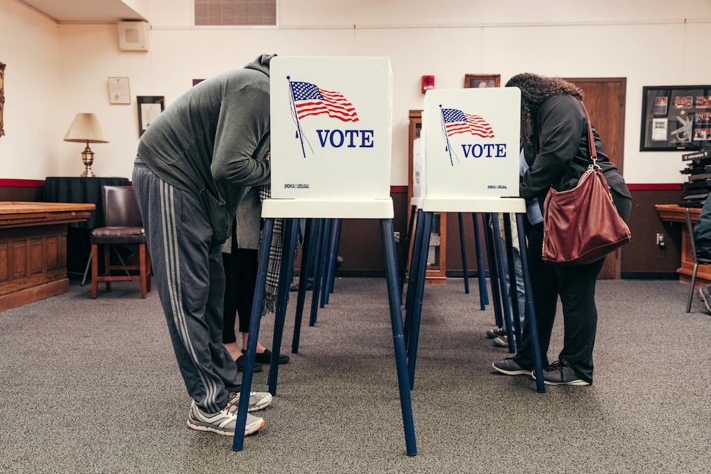 (Barrett Emke/The New York Times)
A polling place at the Topeka Civic Theatre in Kansas. Nov. 3, 2021. "There's certain kind of suburban voter who will vote for a moderate-seeming Democrat over the Trumpiest Republican, but who will swing back to the GOP as soon as there's any excuse to do so," Ross Douthat writes.