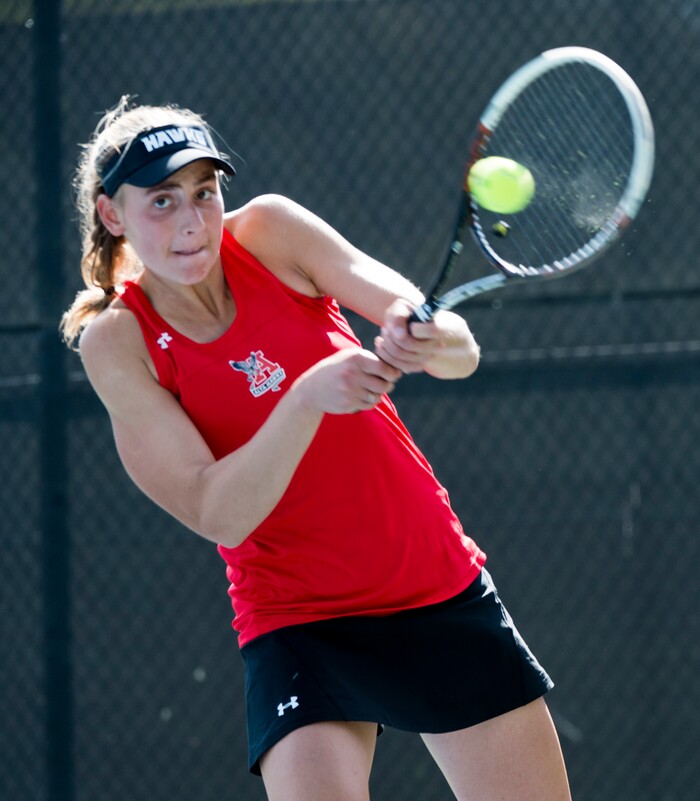 (Rick Egan  |  The Salt Lake Tribune)   Emily Astle, Alta, plays Emma Jewell, Olympus, 	in the 5A State High School tennis championship game. Friday, October 6, 2017.
