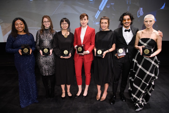 (Photo courtesy of Todd Wawrychuk | AMPAS) Kalee McCollaum, second from left, director of the animated short film "Grendel," stands with other winners of the Student Academy Award Gold Medal, after a ceremony in Beverly Hills, Calif, on Thursday, Oct. 17, 2019. The winners, from left, are: documentary winner Princess Garrett, “Sankofa,”; McCollaum; international documentary winner Yifan Sun, “Family”; narrative winner Asher Jelinsky, “Miller & Son”; international animation winner Daria Kashcheeva, “Daughter”; international narrative winner Zoel Aeschbacher, “Bonobo”; and alternative/experimental winner Georden West, “Patron Saint.” "Grendel" was made by students at Brigham Young University's Center for Animation.