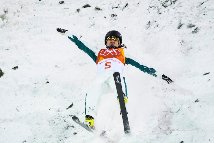 (Chris Detrick  |  The Salt Lake Tribune)  Australia's Lydia Lassila crashes while competing in the Ladies' Aerials Qualification at Phoenix Park during the Pyeongchang 2018 Winter Olympics Thursday, Feb. 15, 2018.  