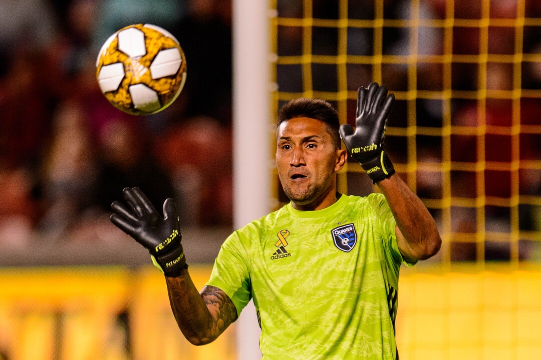 (Trent Nelson  |  The Salt Lake Tribune)  San Jose Earthquakes goalkeeper Daniel Vega (17) makes a save as Real Salt Lake hosts the San Jose Earthquakes, MLS soccer at Rio Tinto Stadium in Sandy on Wednesday Sept. 11, 2019.