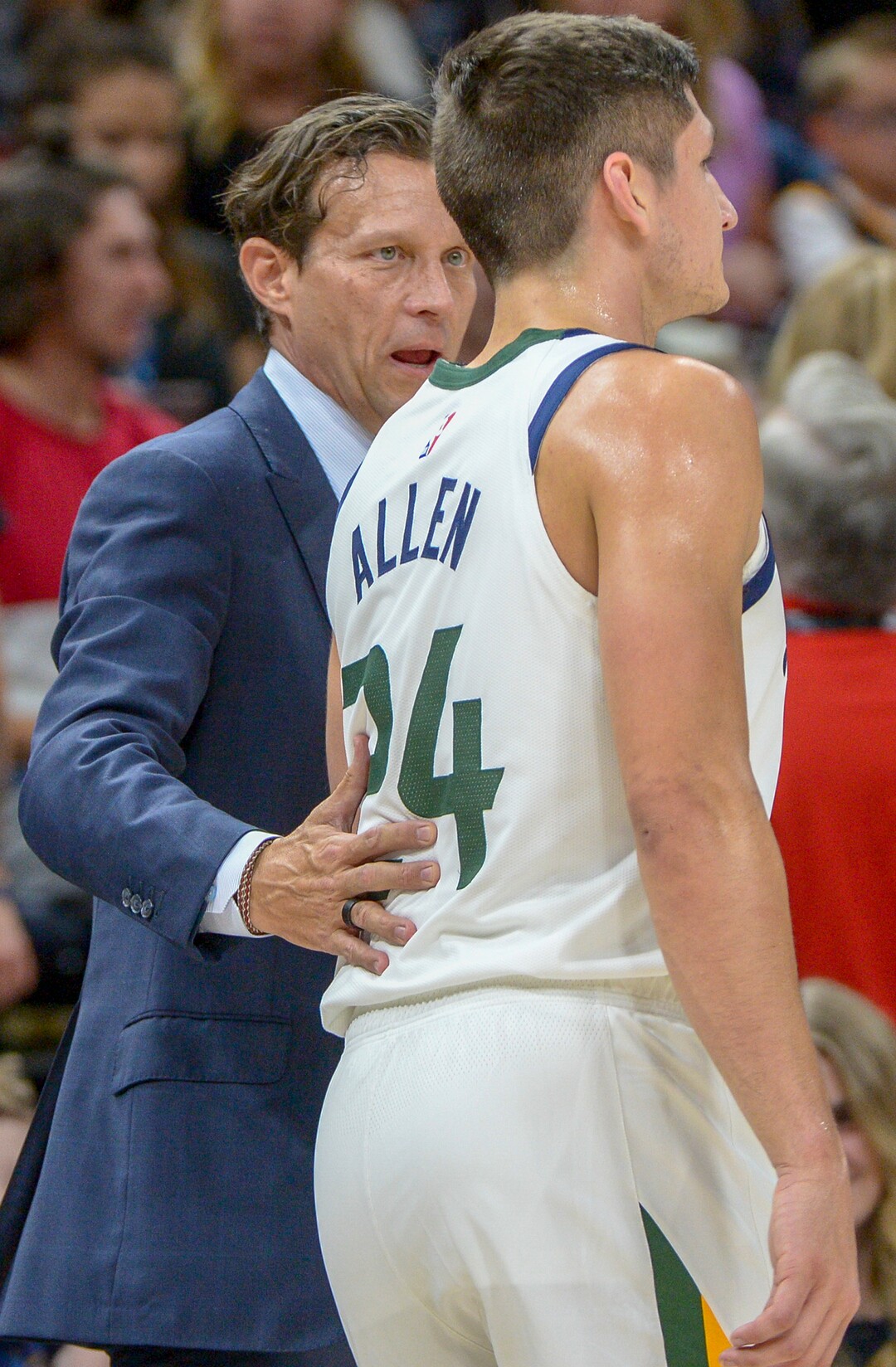 Leah Hogsten  |  The Salt Lake Tribune   Utah head coach Quin Synder talks with Jazz guard Grayson Allen (24) as the Utah Jazz host the Perth Wildcats, Sept. 29, 2018 at Vivint Smart Home Arena.