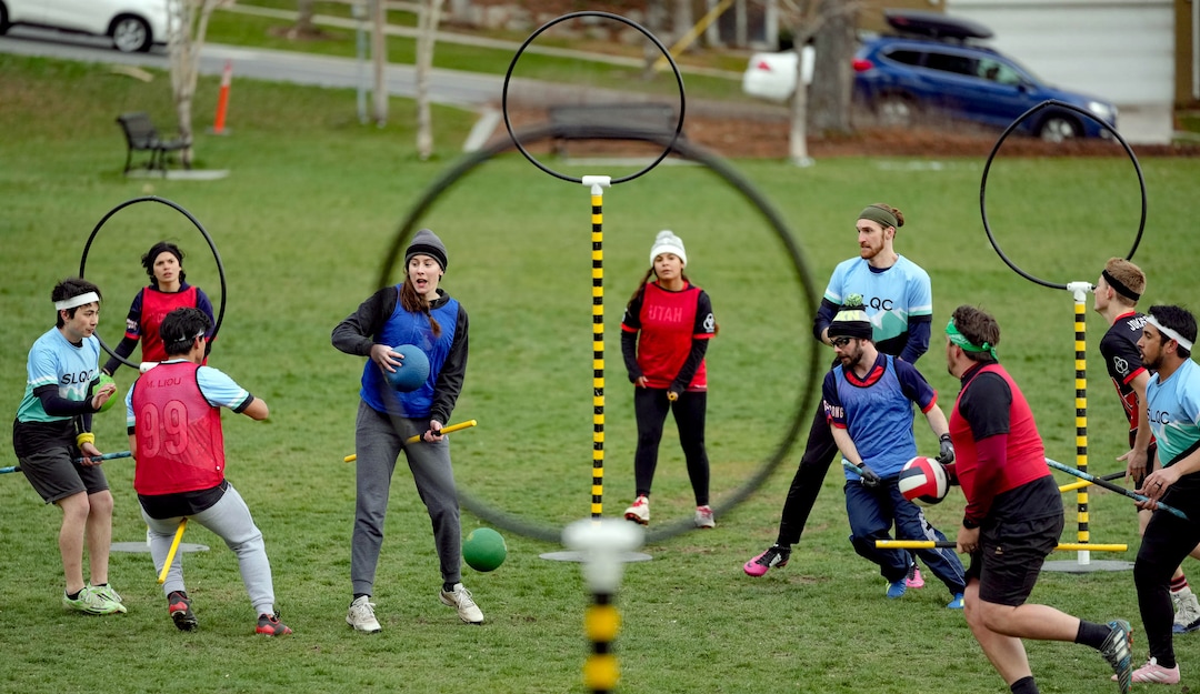 (Francisco Kjolseth | The Salt Lake Tribune) Fans of the Harry Potter inspired game of Quidditch, practice at Reservoir Park in Salt Lake on Wednesday, April 13, 2022, in anticipation of the US Quidditch 2022 National Championships being held in Salt Lake City on April 23-24. 