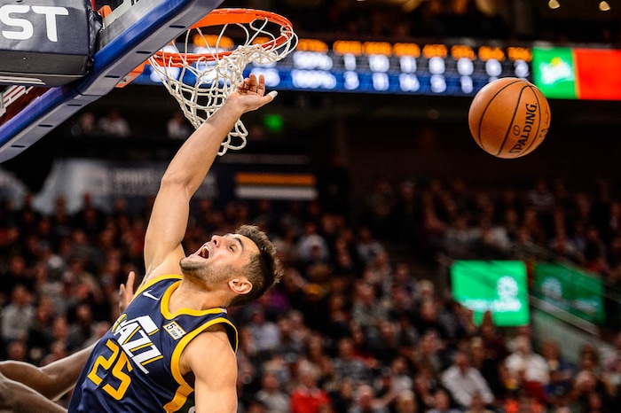 (Trent Nelson | The Salt Lake Tribune)  Utah Jazz guard Raul Neto (25) has his shot blocked by Chicago Bulls forward Bobby Portis (5) as the Utah Jazz host the Chicago Bulls, NBA basketball in Salt Lake City Wednesday November 22, 2017.