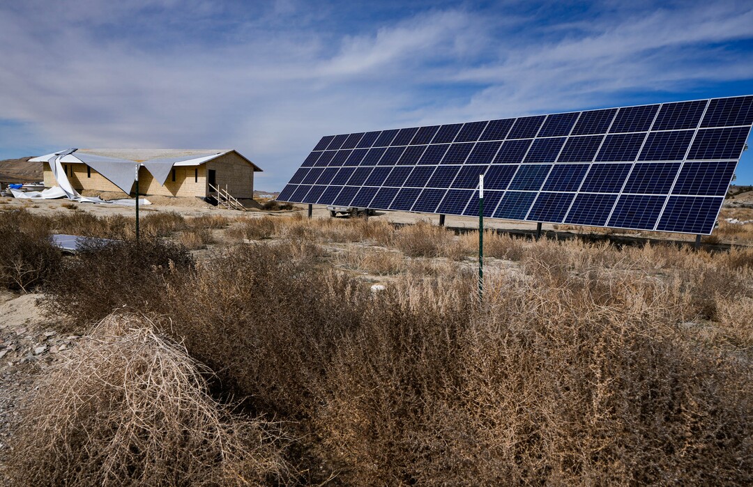 (Francisco Kjolseth  |  The Salt Lake Tribune) A 13,000 watt bifacial solar system owned by Larry and Jenny Jones helps power their home at Riverbed Ranch as they slowly make progress on their property plan, pictured Saturday, February. 17, 2024.