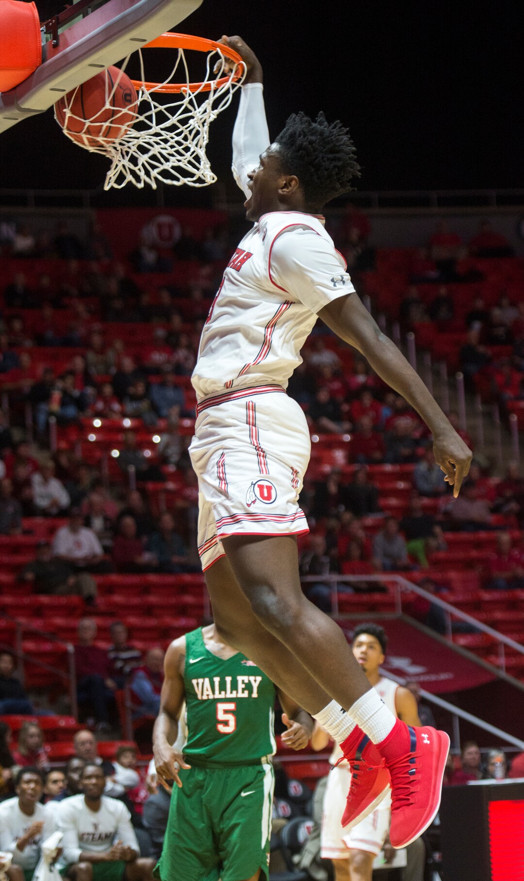(Rick Egan  |  The Salt Lake Tribune)    Utah Utes forward Donnie Tillman (3) dunks the ball, in basketball action between Utah Utes and Mississippi Valley State Delta Devils at the Jon M. Huntsman Center, Thursday, Nov. 15, 2018.