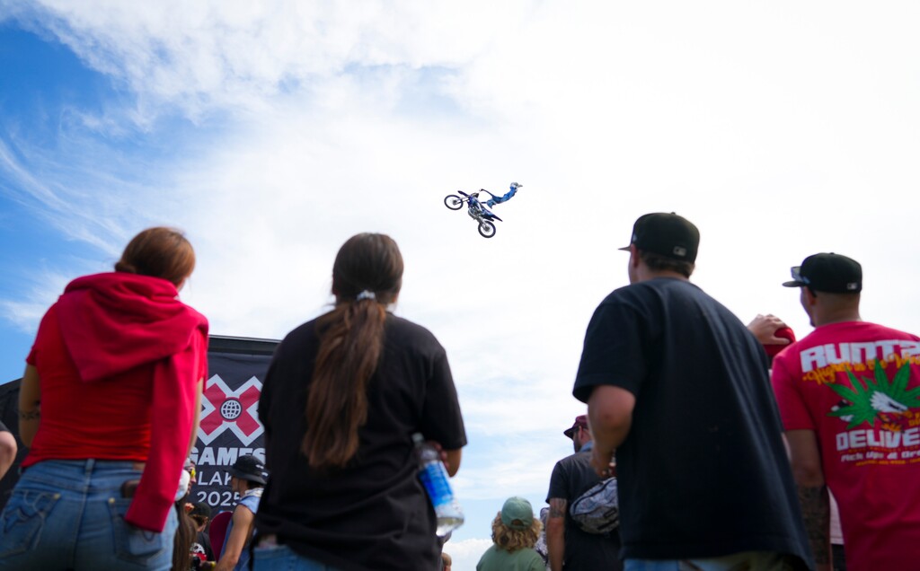 (Bethany Baker  |  The Salt Lake Tribune) Spectators watch competitors warm up before the Moto X Best Whip competition at the X Games in Salt Lake City on Saturday, June 28, 2025.
