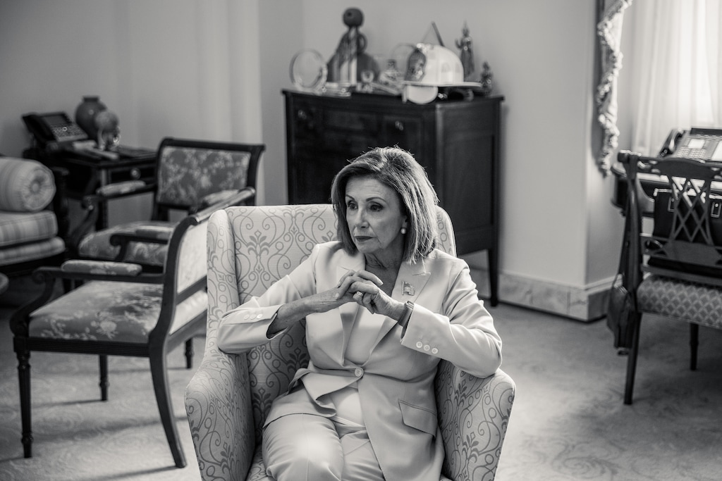 (Damon Winter | The New York Times) House Speaker Nancy Pelosi (D-Calif.) in her office at the Capitol in Washington, Sept. 27, 2019. Pelosi says she always thinks President Donald Trump is projecting: “When he says ‘She’s not the speaker of the House,’ what he really means is ‘I shouldn’t be president of the United States.’”