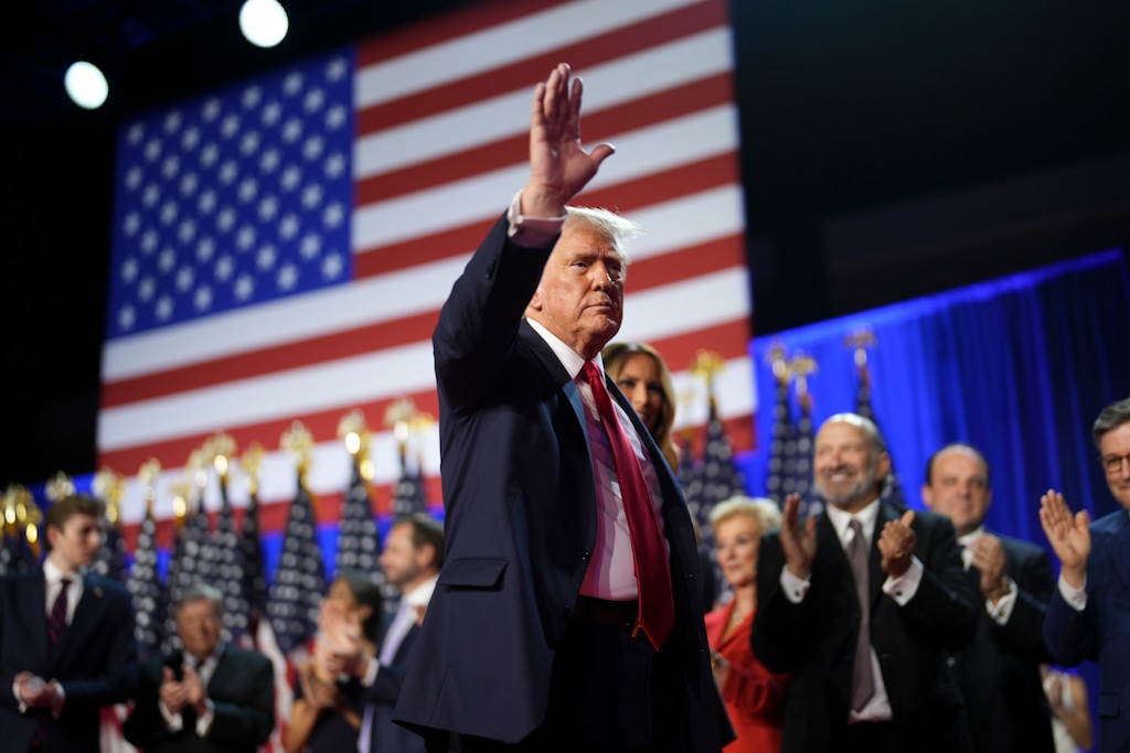 (Doug Mills | The New York Times) Former President Donald Trump exits the stage during an election night event in West Palm Beach, Florida, on Wednesday, Nov. 6, 2024.