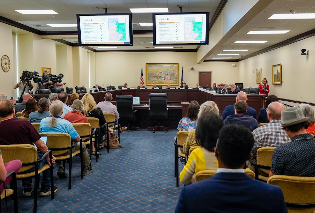 (Chris Samuels | The Salt Lake Tribune) Proposed Congressional district maps are shown during a meeting of the Legislative Redistricting Committee at the Capitol in Salt Lake City, Wednesday, Sept. 24, 2025.