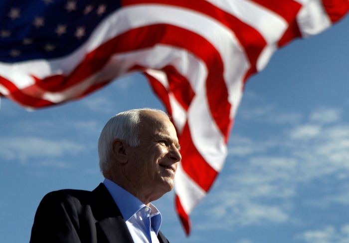 FILE - In this Nov. 3, 2008, file photo, Republican presidential candidate Sen. John McCain, R-Ariz., speaks at a rally in Tampa, Fla. Aide says senator, war hero and GOP presidential candidate McCain died Saturday, Aug. 25, 2018. He was 81. (AP Photo/Carolyn Kaster, File)