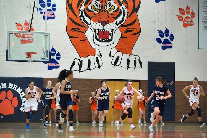 (Scott Sommerdorf   |  The Salt Lake Tribune)   Brighton's Emily Moss rushes up court during second half play. Skyline defeated Brighton 66-33, Friday, January 5, 2018.