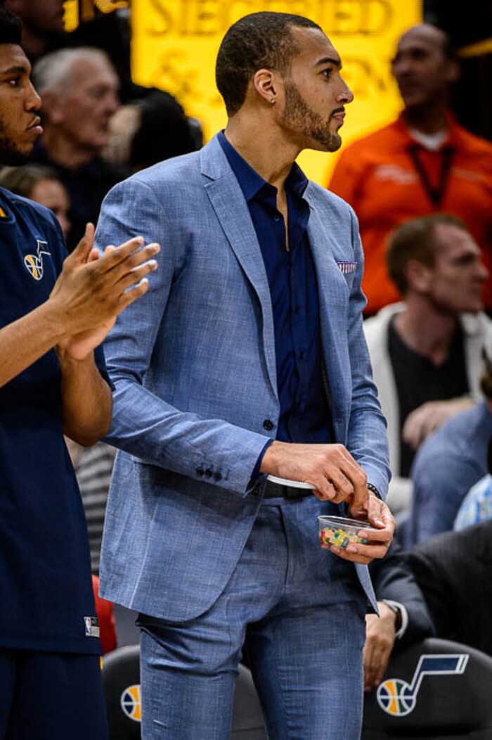 (Trent Nelson | The Salt Lake Tribune)  Utah Jazz center Rudy Gobert (27) eats candy as the Utah Jazz host the Chicago Bulls, NBA basketball in Salt Lake City Wednesday November 22, 2017.