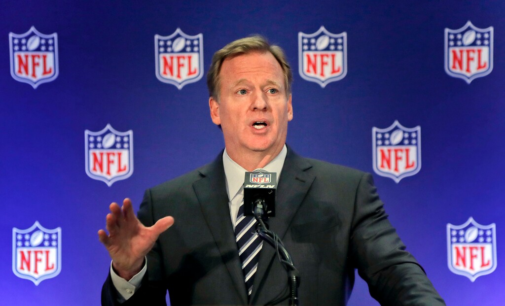 FILE - In this Oct. 18, 2017, file photo, NFL commissioner Roger Goodell speaks during a news conference, in New York. The NFL expects a five-year contract extension with Commissioner Roger Goodell to be finalized soon, despite a threatened lawsuit by Dallas Cowboys owner Jerry Jones. NFL spokesman Joe Lockhart said Thursday, Nov. 9, 2017, that “our expectation is this will be wrapped up soon, but we can't project an actual date.”(AP Photo/Julie Jacobson, File)