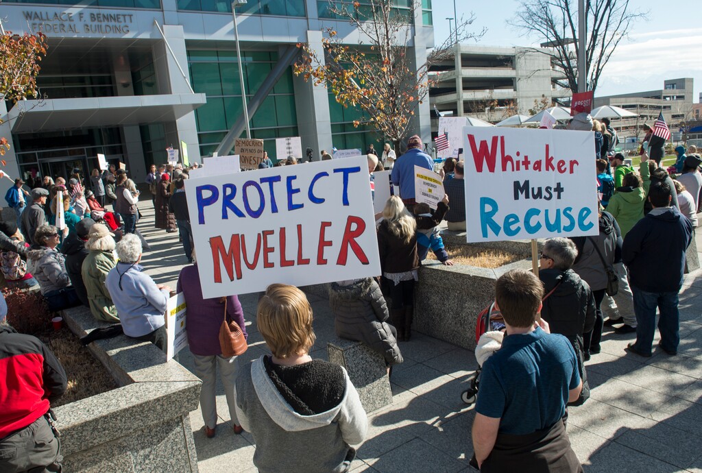 (Rick Egan  |  The Salt Lake Tribune)    Protestors gather at the Federal Building for the  "Rally for the Rule of Law" to urge Utah’s Members of Congress to prevent President Trump from compromising the independence of Special Counsel Robert Mueller, Saturday, Nov. 10, 2018.